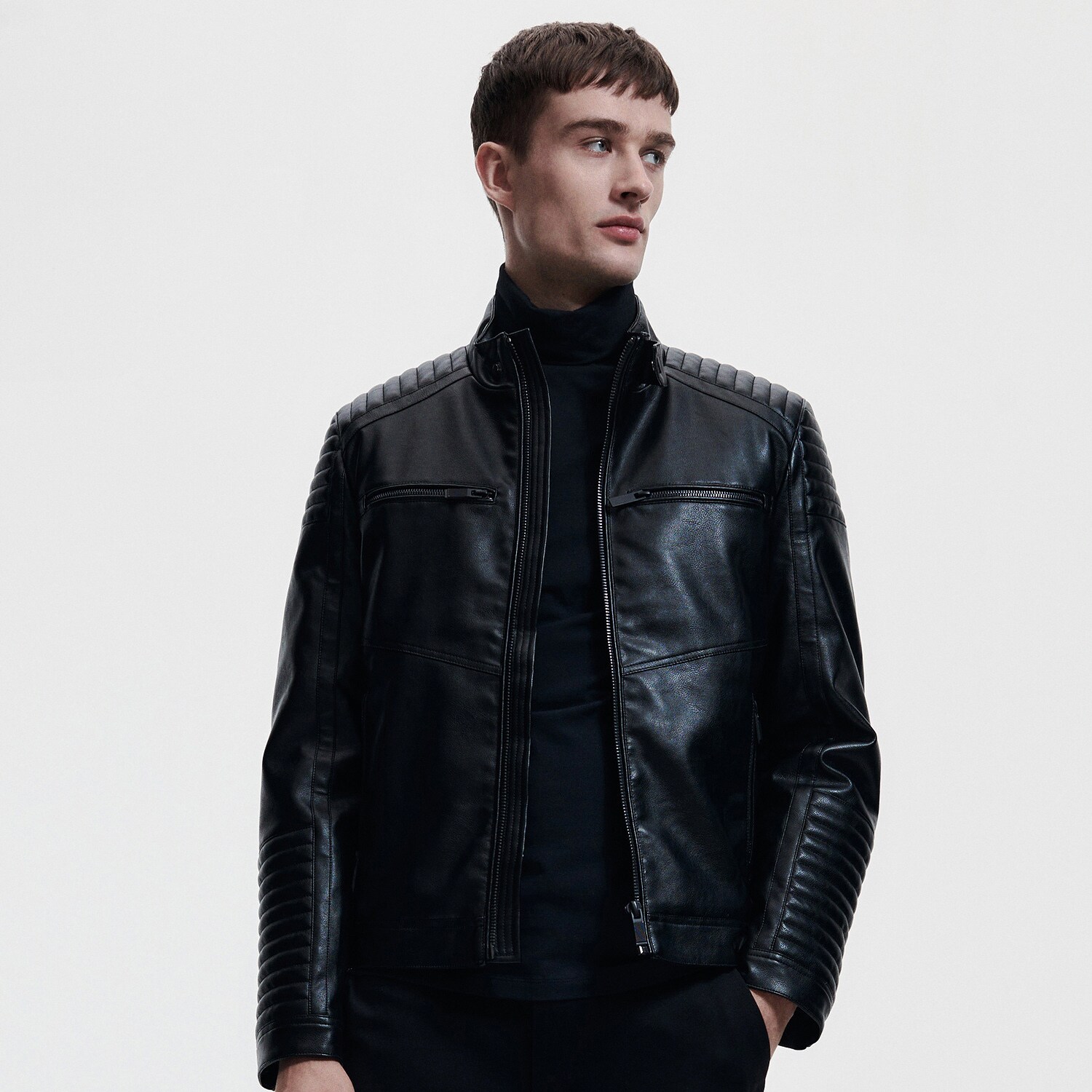 Reserved – Jachetă biker din piele ecologică – Negru and imagine noua 2022