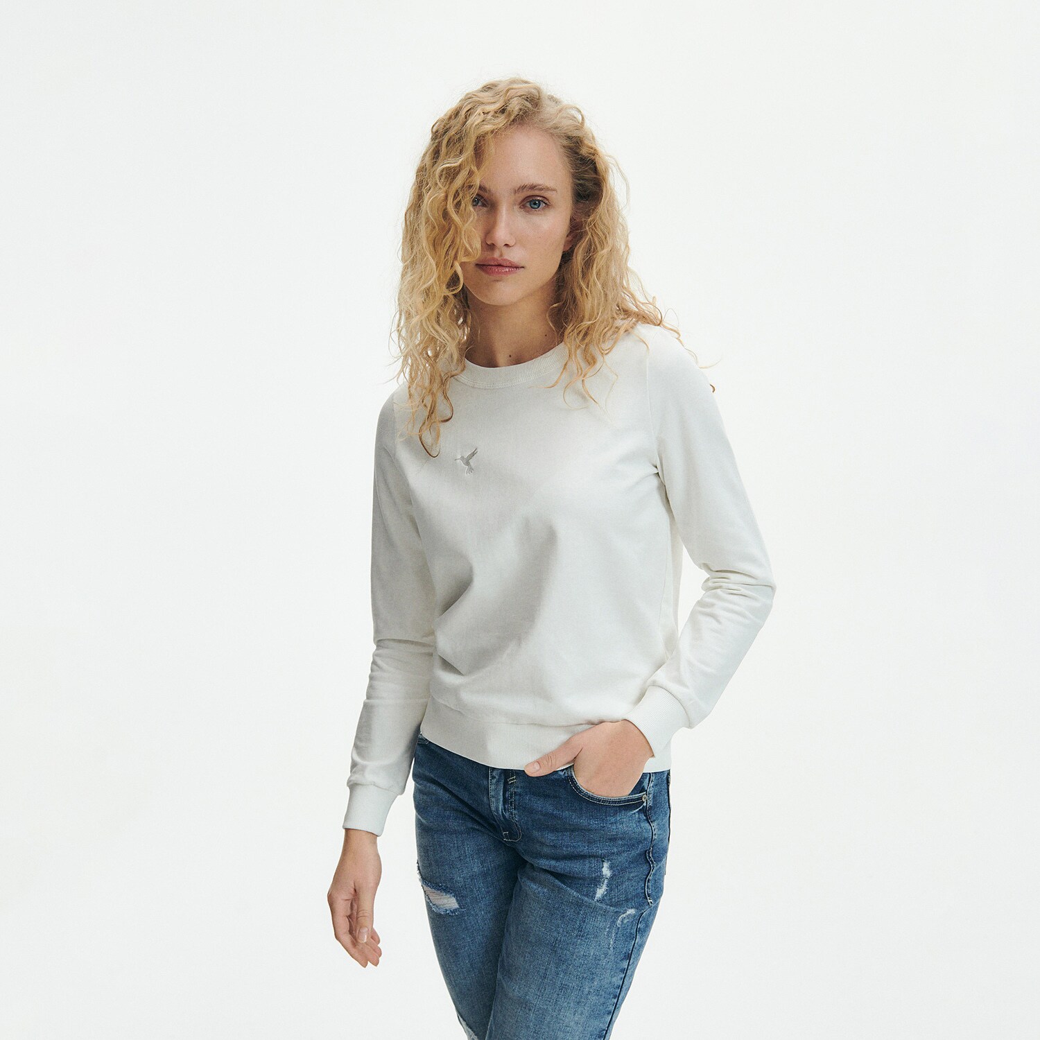 Reserved – Bluză sport din bumbac, cu detaliu brodat – Ivory Bluza imagine noua 2022