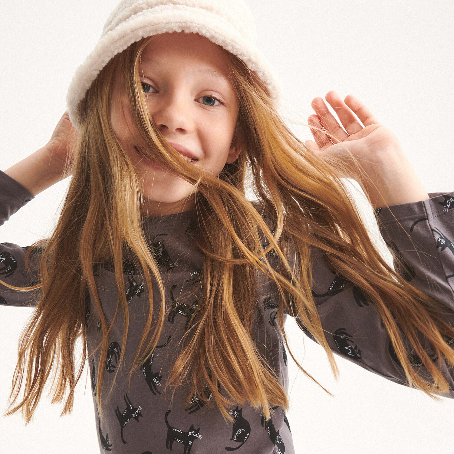 Reserved – Tricou din bumbac cu mânecă lungă și model cu pisică – Gri bumbac imagine noua 2022