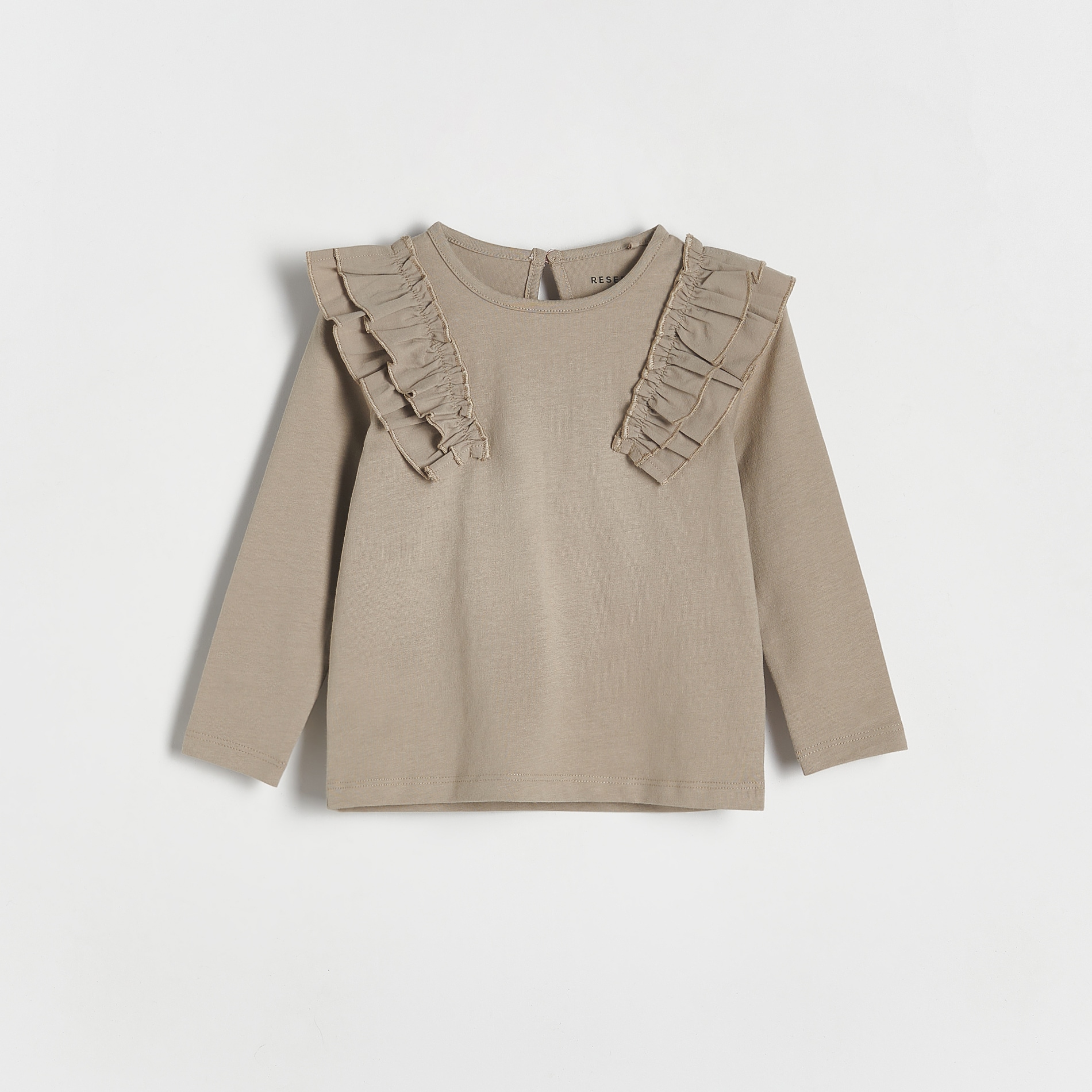 Levně Reserved - Bavlněné tričko s dlouhými rukávy a volány - Khaki
