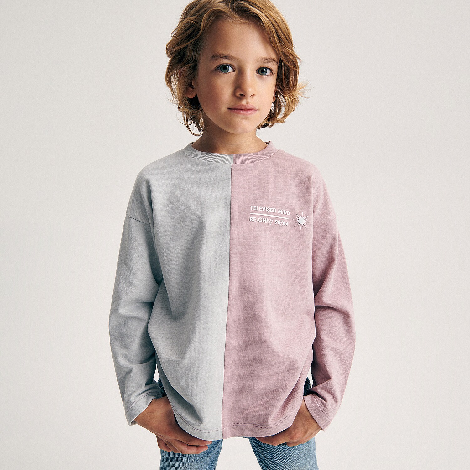 Reserved – Tricou cu mânecă lungă și imprimeu în două culori – Roz Boy imagine noua 2022