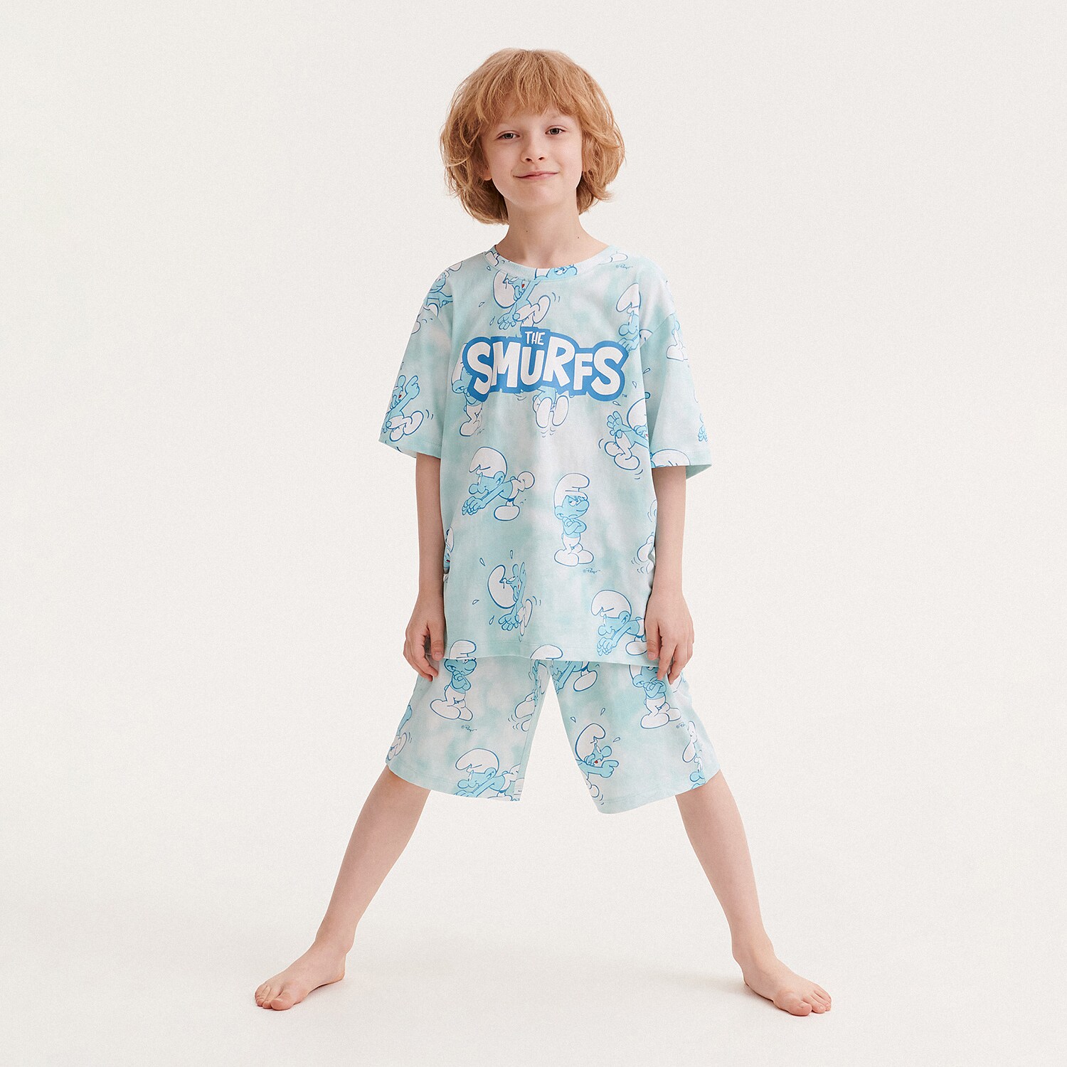 Reserved - Set pijama The Smurfs, din bumbac - Albastru