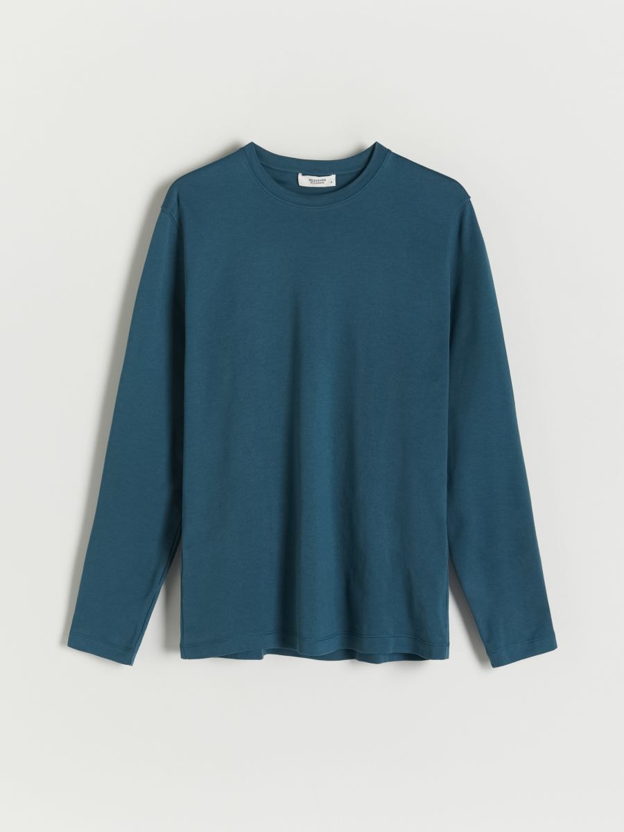 Tricou regular din bumbac organic, cu mânecă lungă - Albastru metalizat - RESERVED