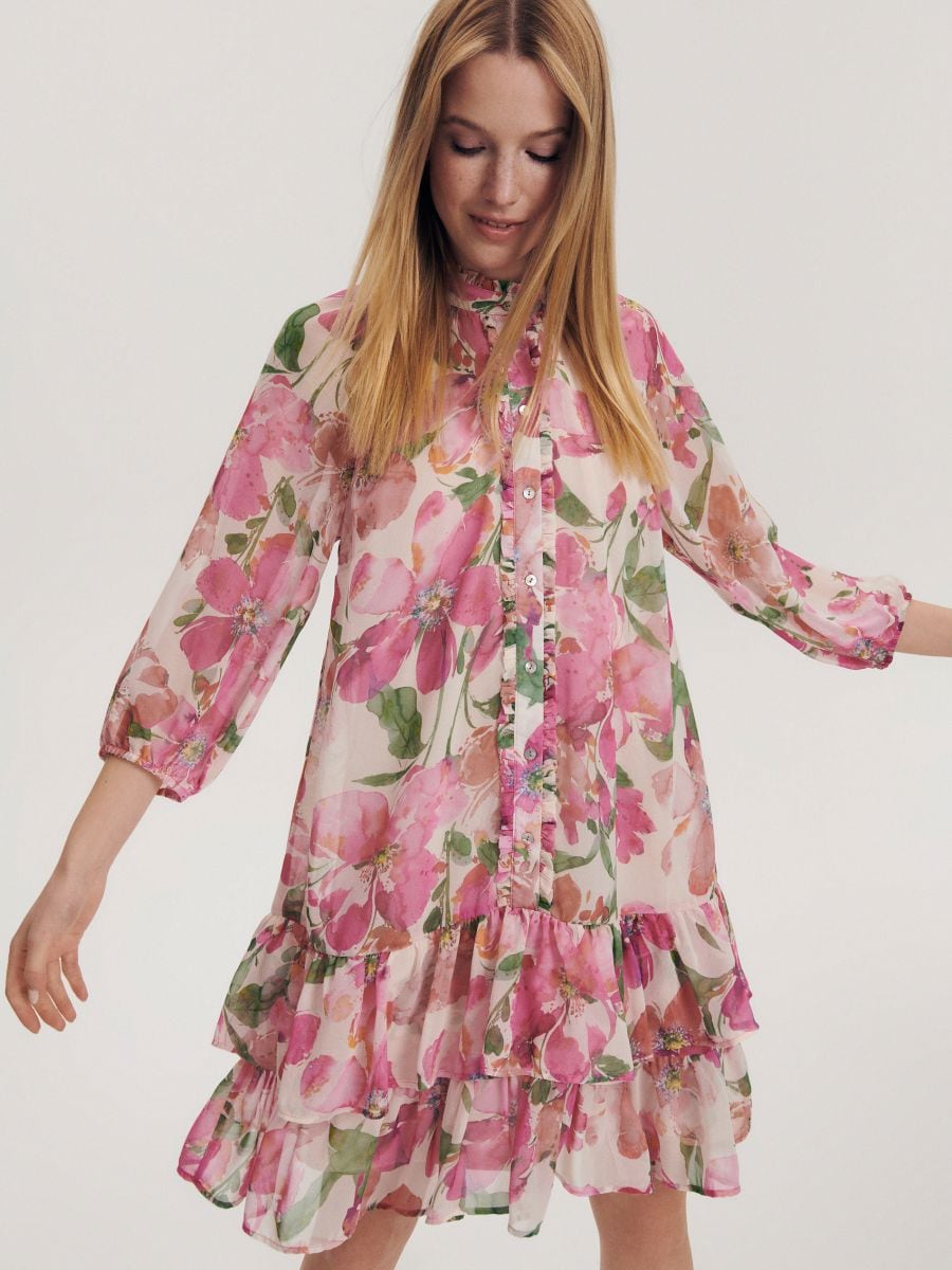 Chiffon dress with ruffle detail - multicolor - RESERVED - 2