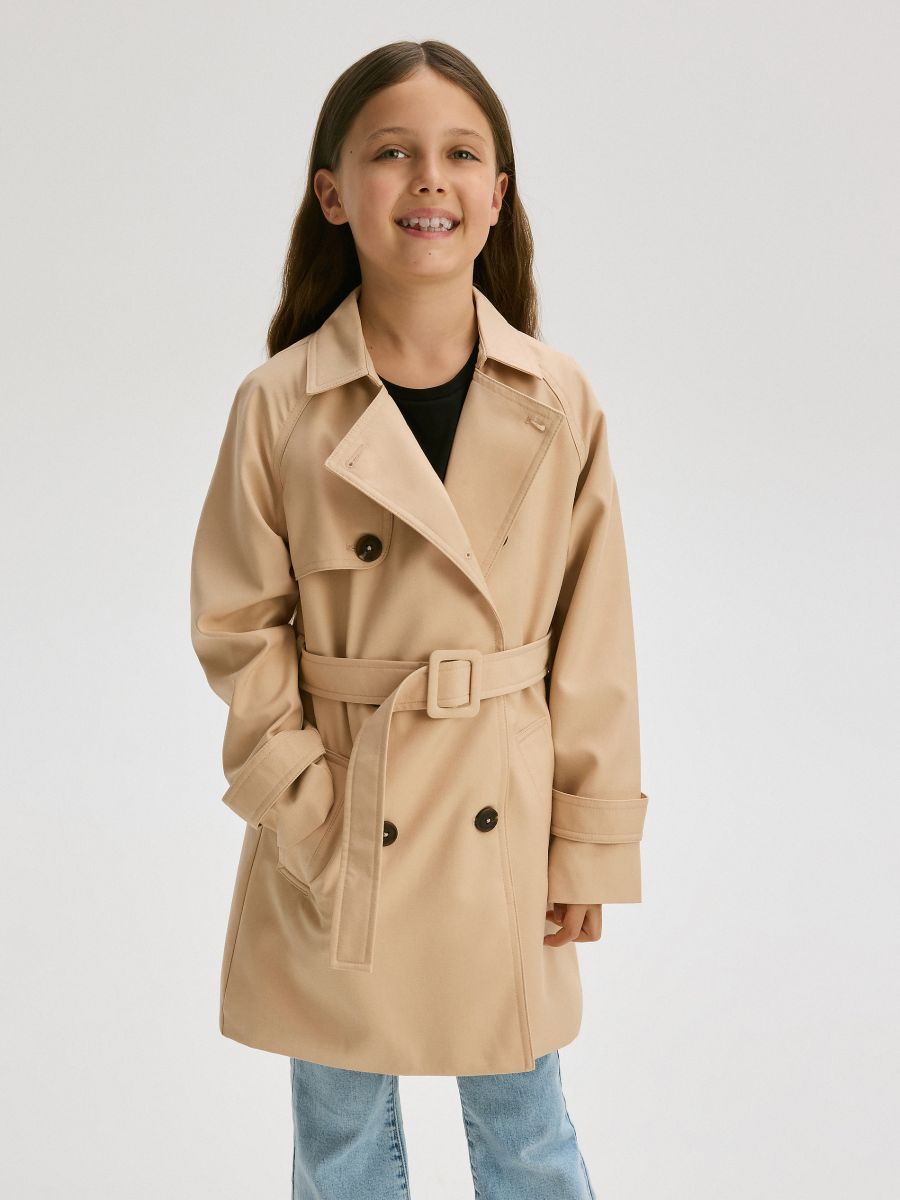 Double-breasted trench coat with belt - beige - RESERVED