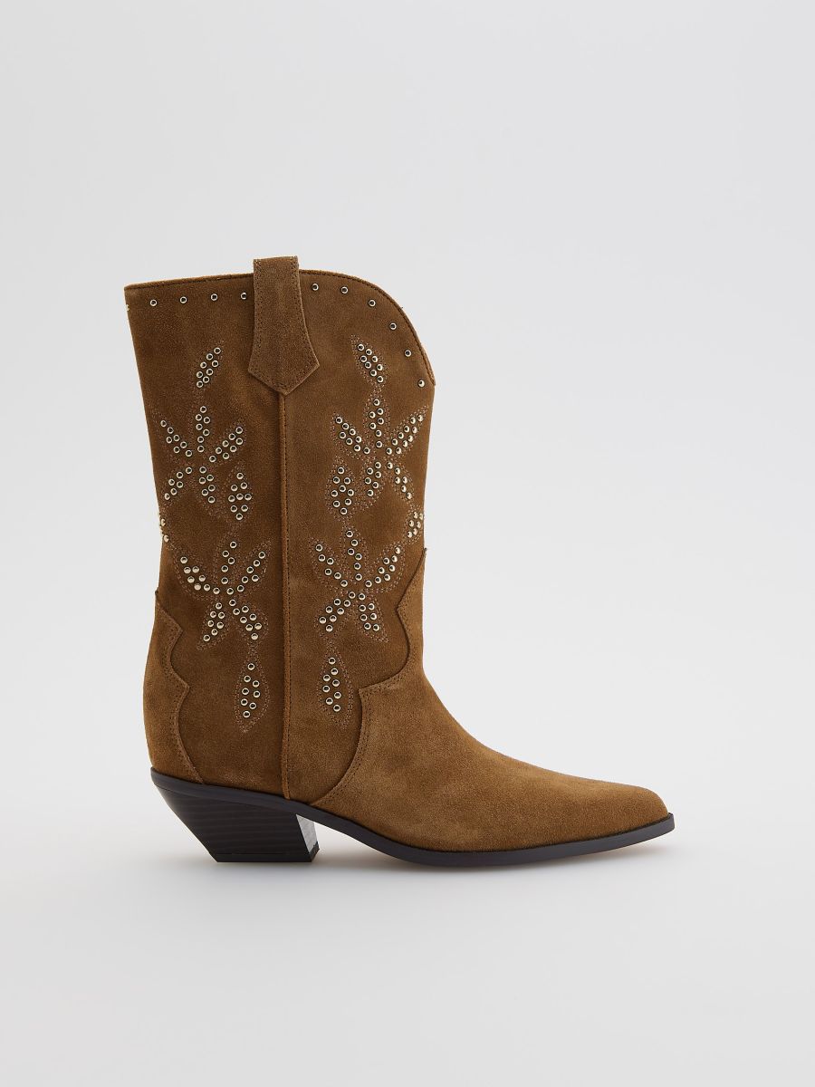 Suede cowboy boots with hardware accents - golden brown - RESERVED