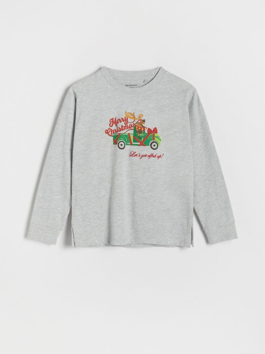 Oversized long sleeve T-shirt with Christmas motif - light grey - RESERVED