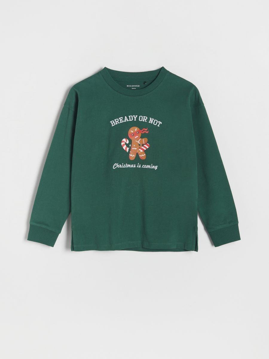 Oversize piegriezuma T-krekls ar garām piedurknēm un Ziemassvētku motīvu - tumši zaļa - RESERVED