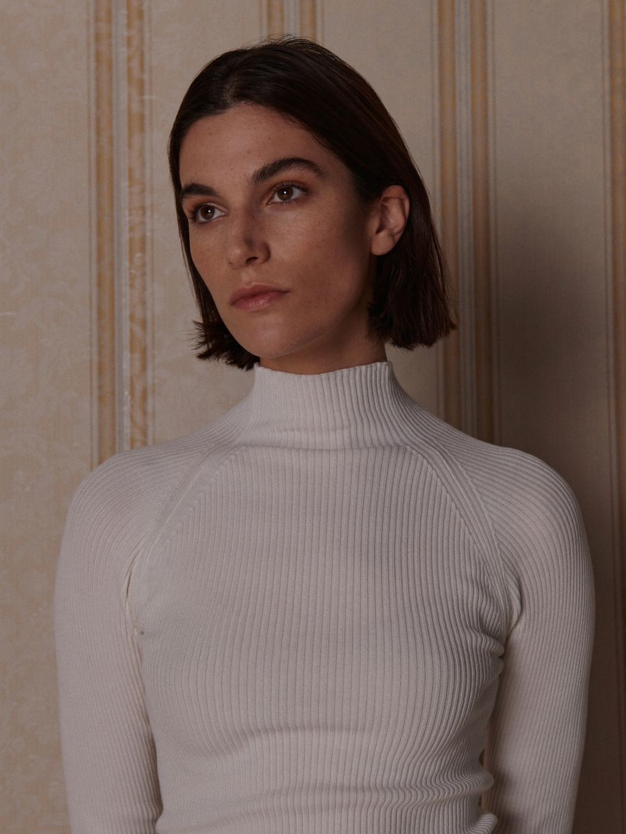 Stehkragenshirt mit dekorativem Saum - creme - RESERVED - 2