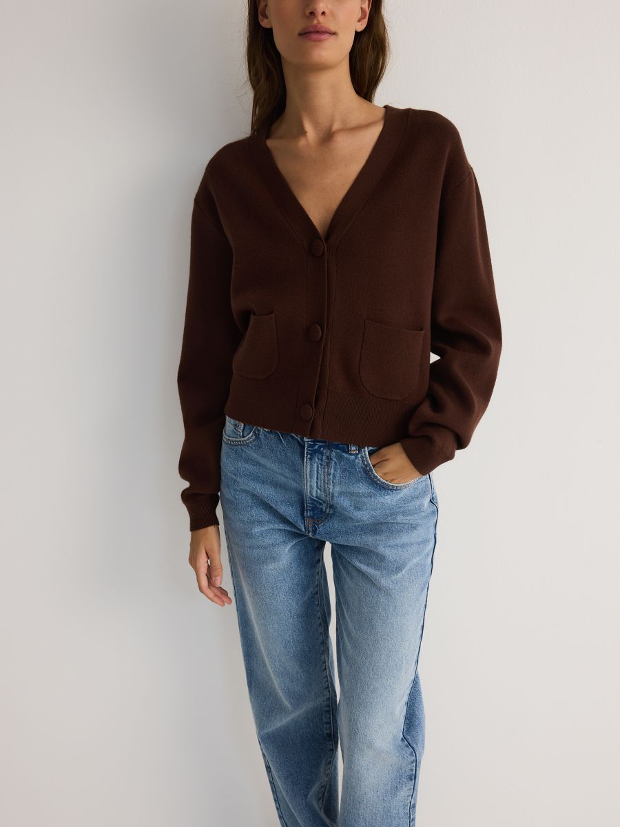 Plain viscose blend cardigan - brown - RESERVED - 5