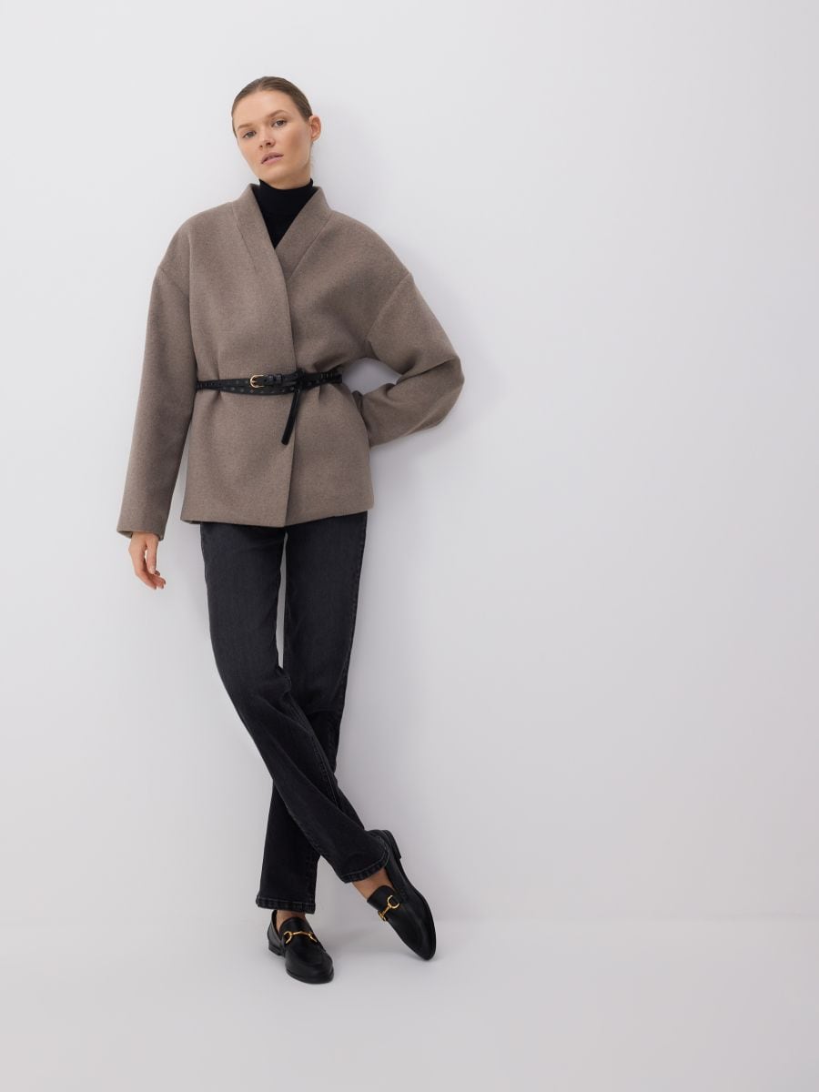 LADIES` OUTER JACKET & BELT - KOFFIEBRUIN - RESERVED