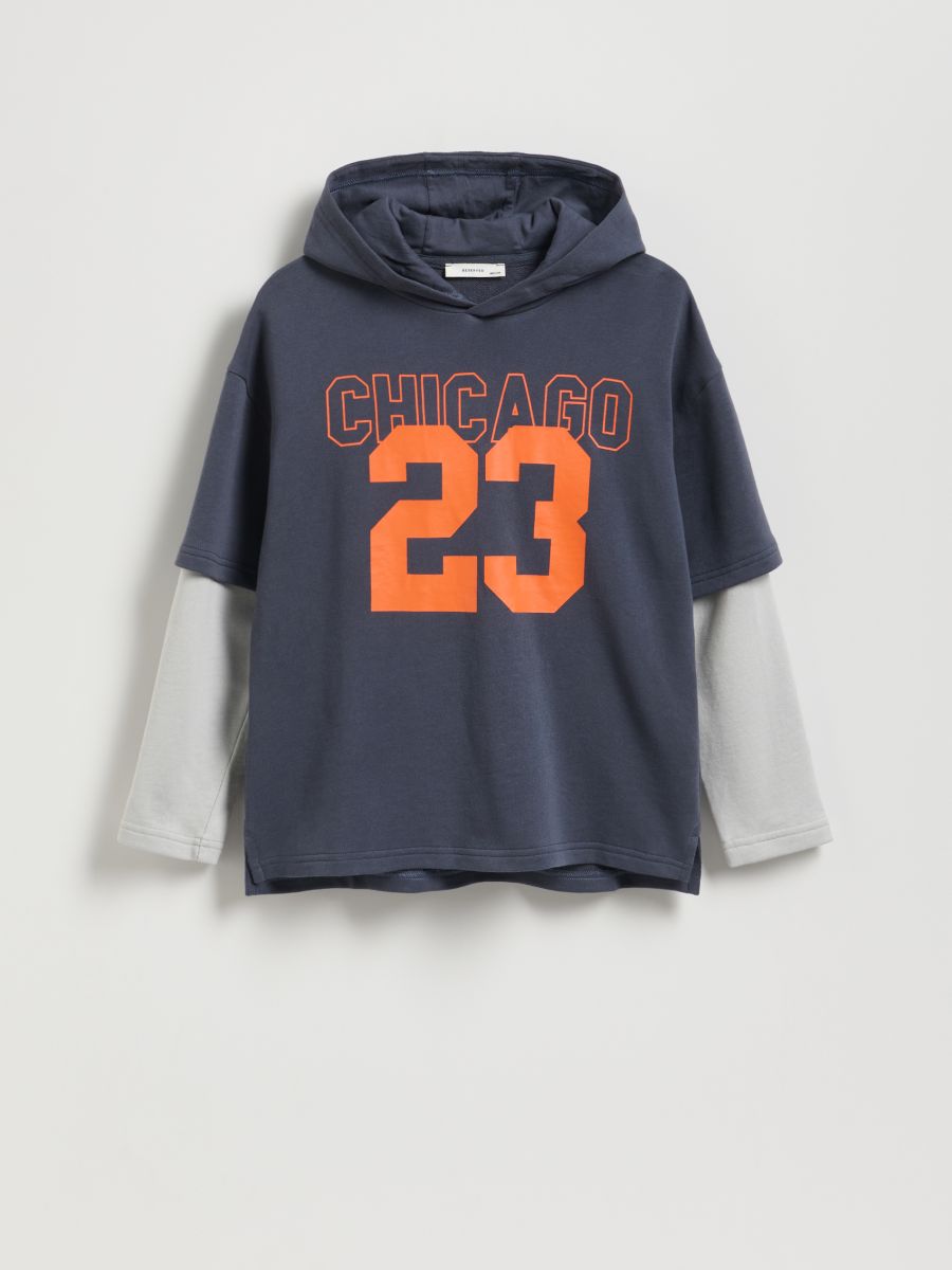 Cotton long sleeve T-shirt with hood - navy - RESERVED