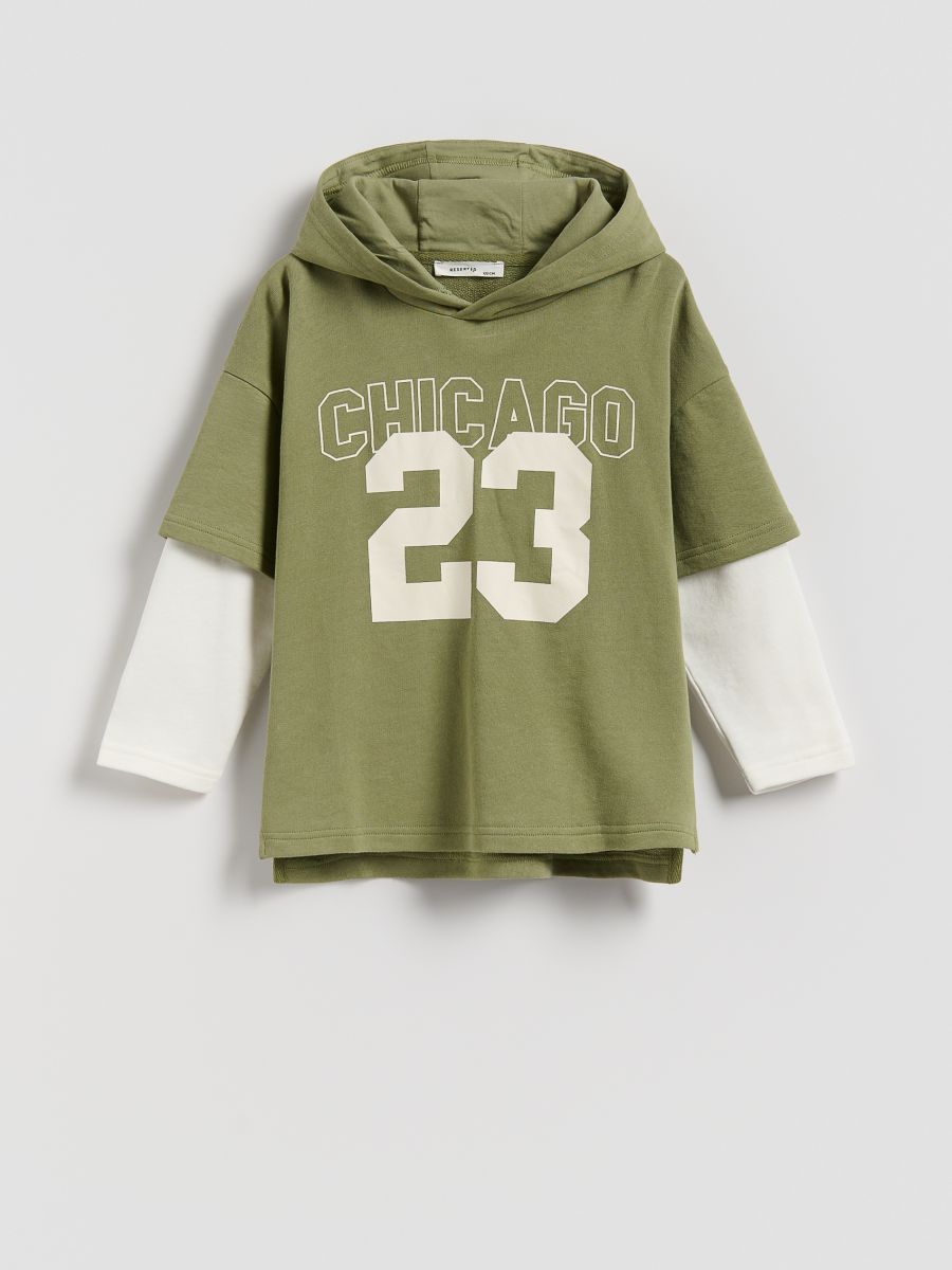 Cotton long sleeve T-shirt with hood - olive - RESERVED