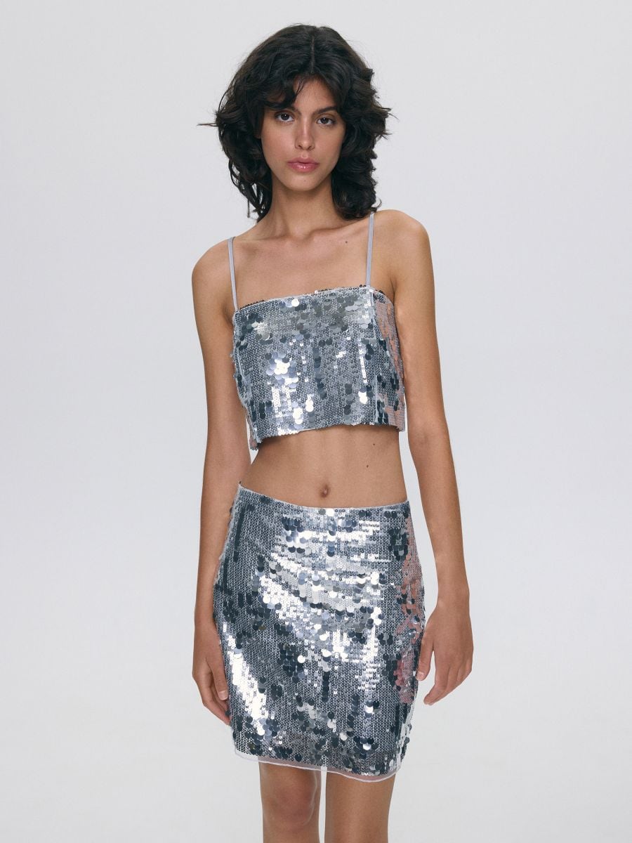 Mini skirt with sequins - silver - RESERVED - 4