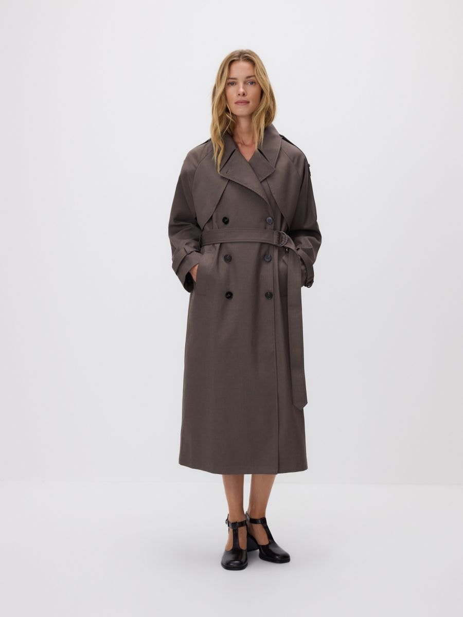 Double-breasted trench coat with belt - taupe - RESERVED