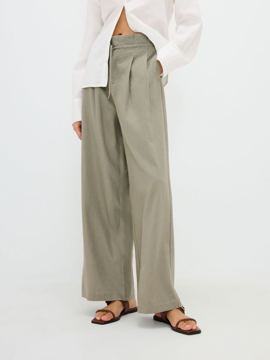 Linen rich wide leg trousers with pleats - pale green - RESERVED