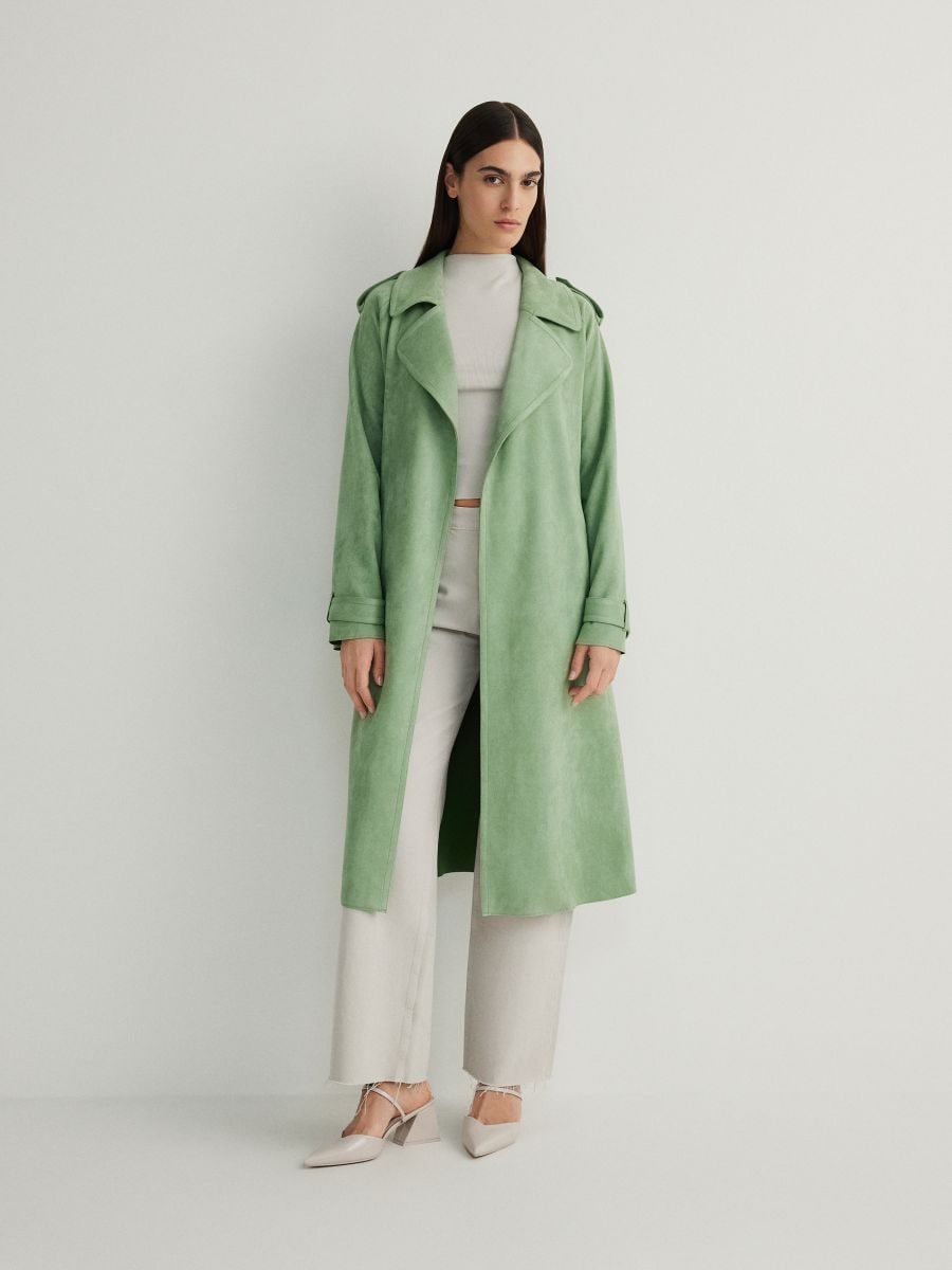 Палто с връзващ се колан - свежозелено - RESERVED