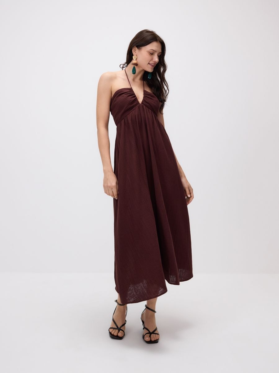 Baumwollkleid mit Bindedetail - dunkelbraun - RESERVED