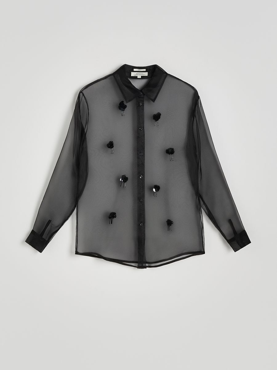 Silk rich shirt with appliqué - black - RESERVED