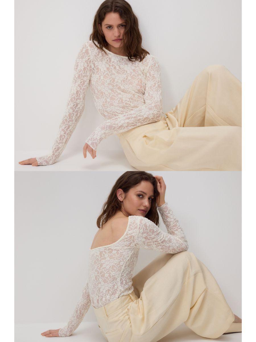 Bluse i bomuldblanding i strukturstof - creme - RESERVED - 5