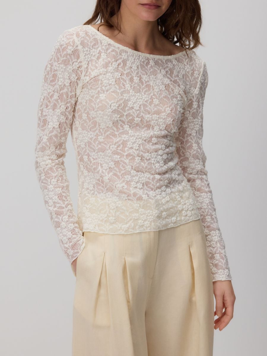 Bluse i bomuldblanding i strukturstof - creme - RESERVED - 5