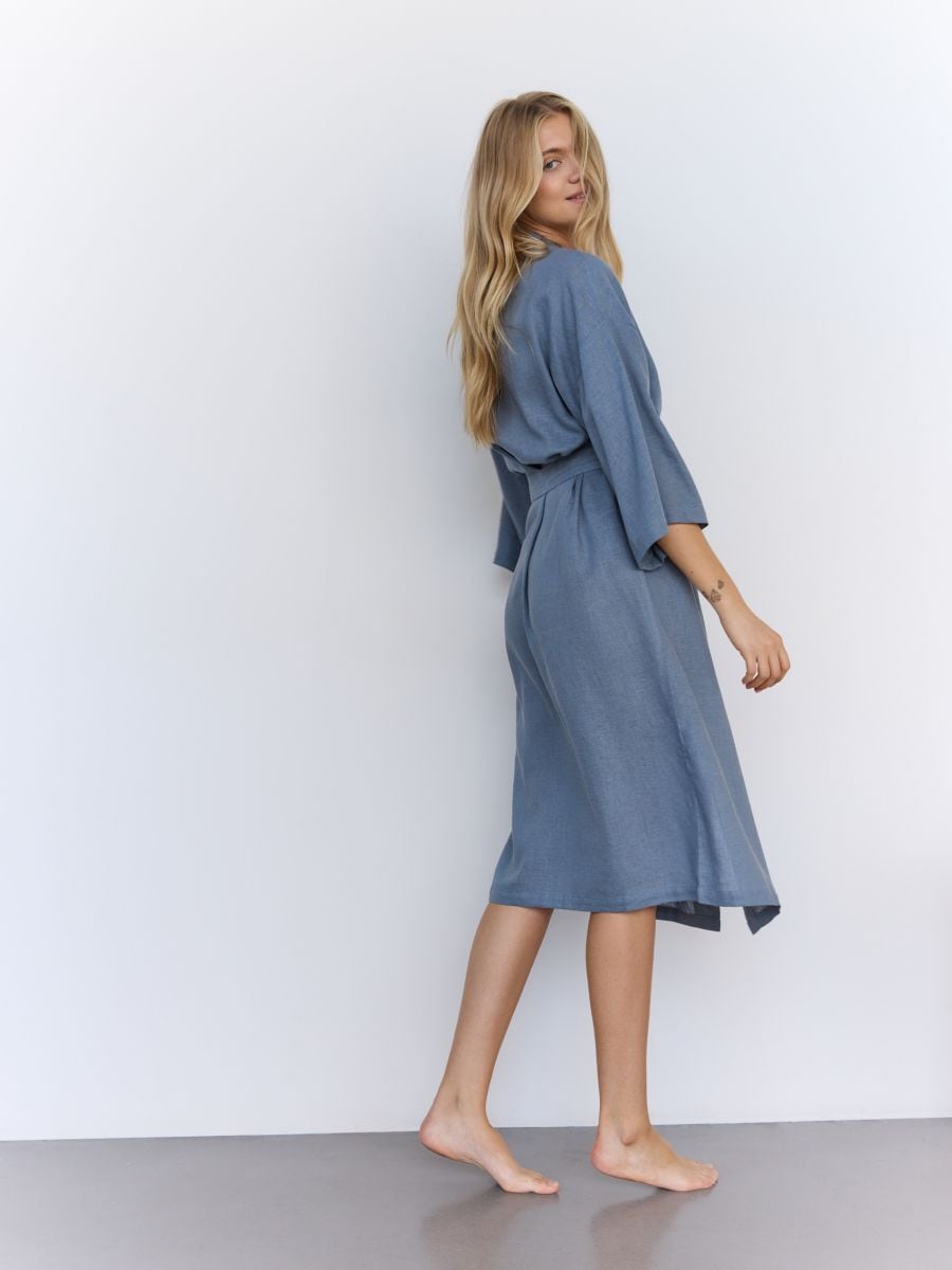 Longline dressing gown with linen blend - steel blue - RESERVED - 3