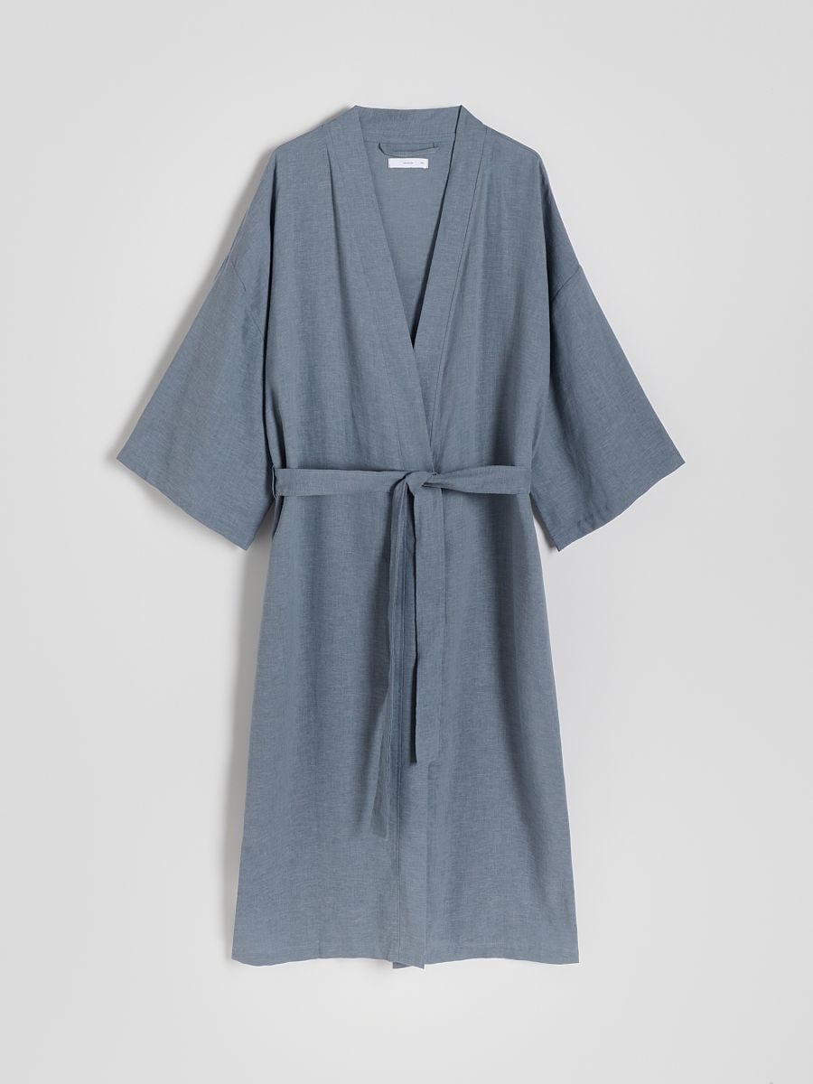 Longline dressing gown with linen blend - steel blue - RESERVED - 4