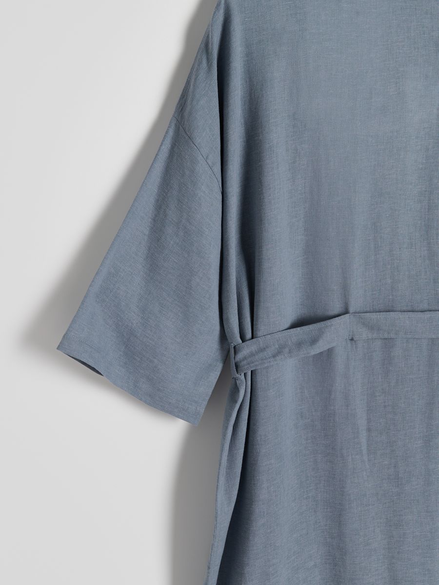 Longline dressing gown with linen blend - steel blue - RESERVED - 5