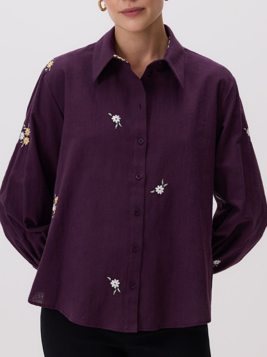 Overhemd met geborduurd patroon - kastanjebruin - RESERVED