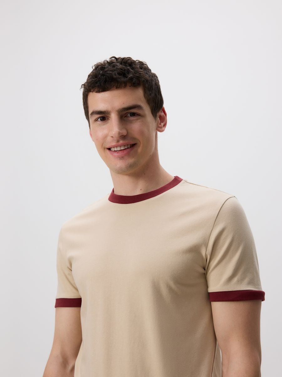 Slim fit cotton T-shirt - beige - RESERVED