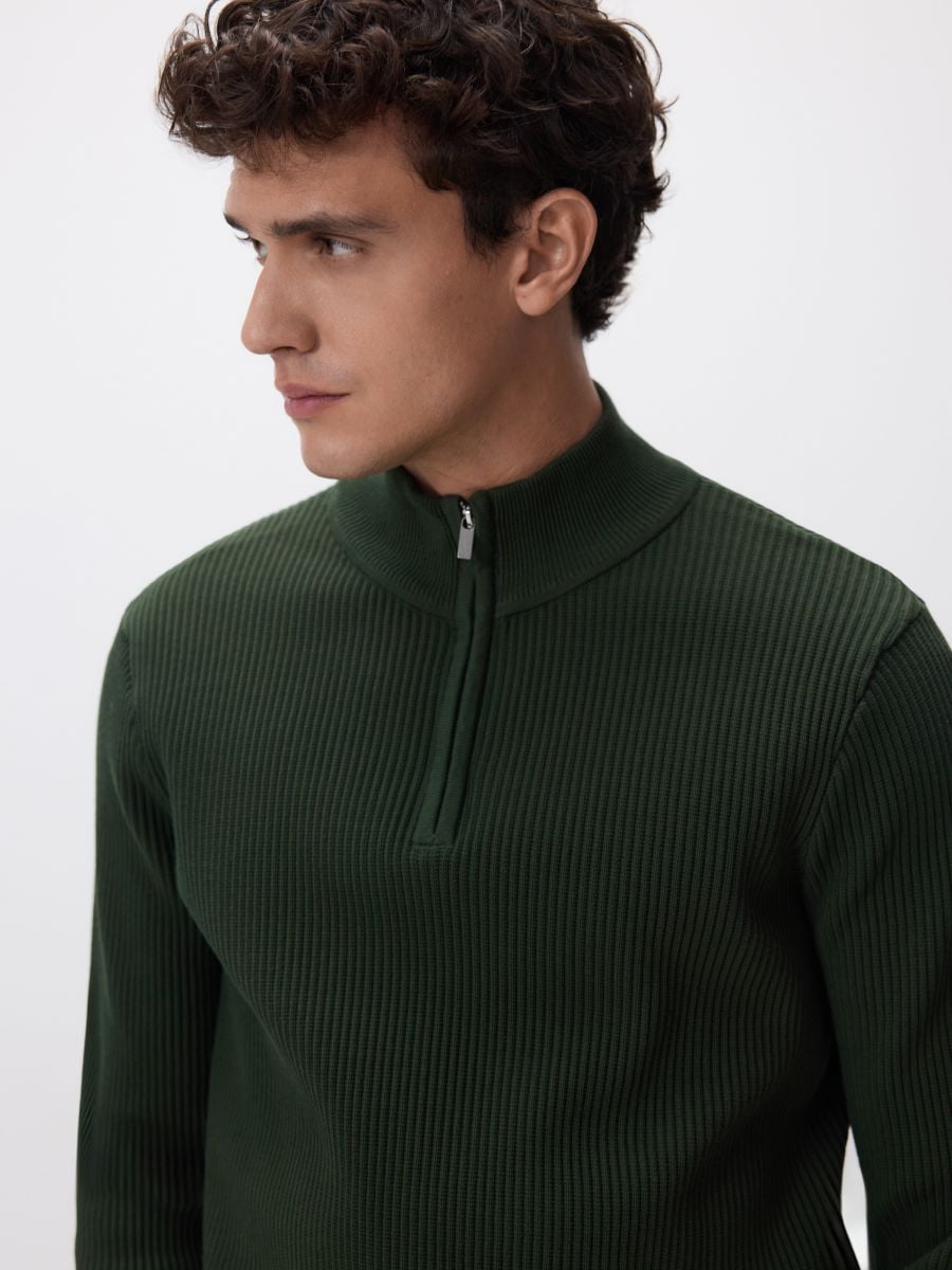 Cipzáros pulóver álló gallérral - sötétzöld - RESERVED