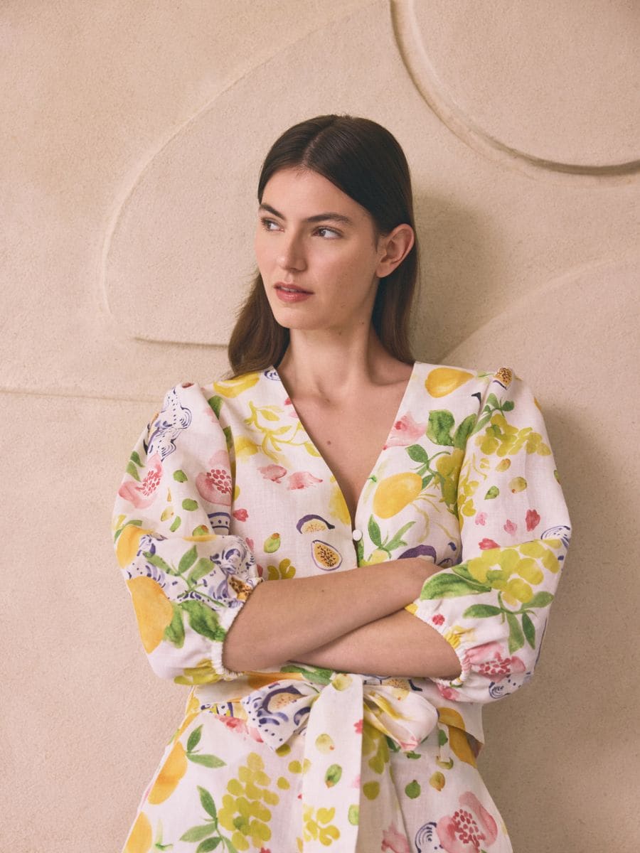 Gemusterte Bluse mit Leinen - bunt - RESERVED