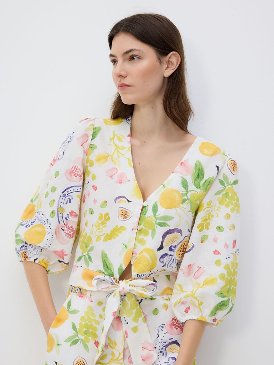 Gemusterte Bluse mit Leinen - bunt - RESERVED