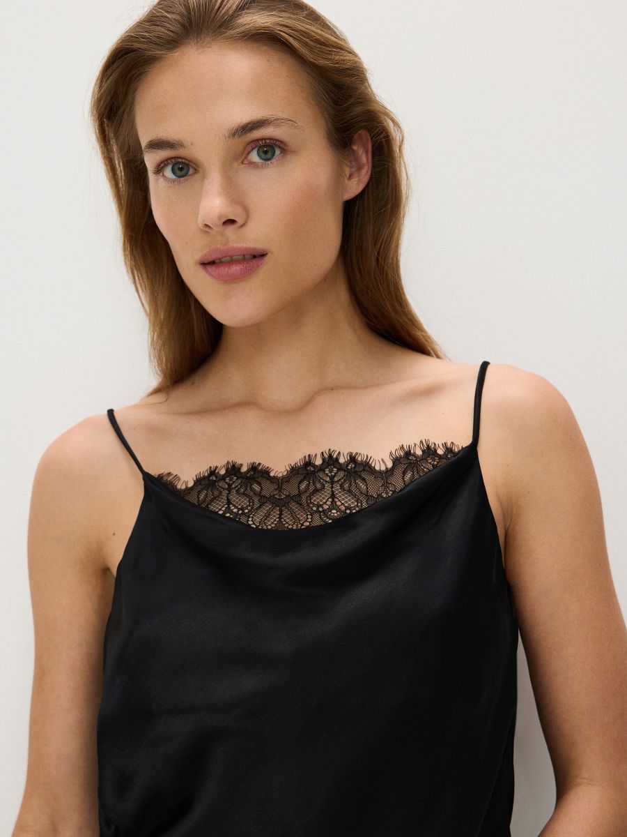 Satin top with lace detail - black - RESERVED