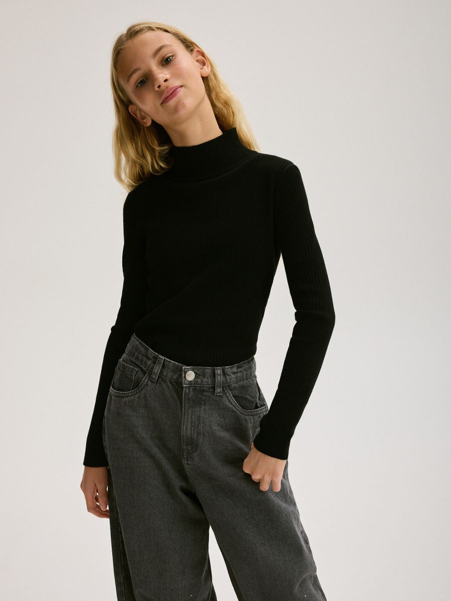 Pull en maille côtelée en viscose majoritaire - Noir - RESERVED - 2