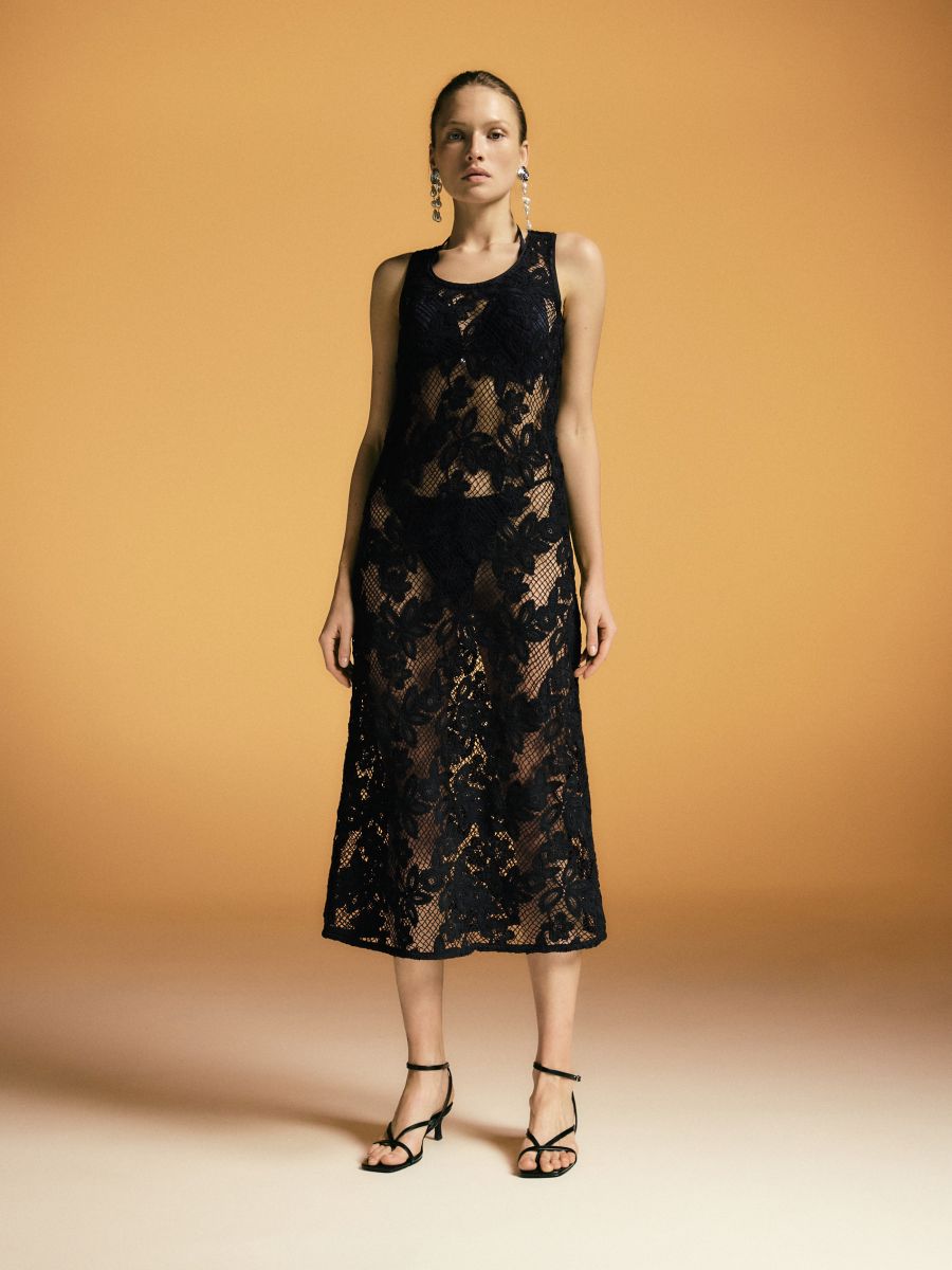 Midi-robe ajourée - Noir - RESERVED - 7
