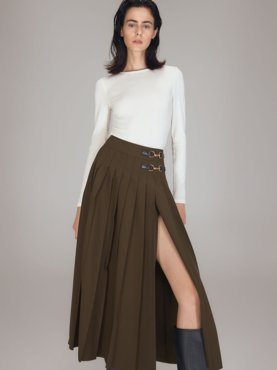 Pleated midi skirt - olive - RESERVED