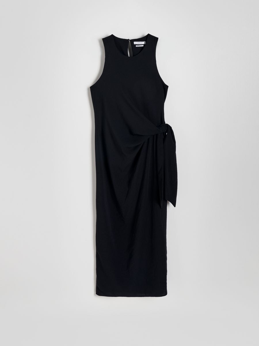 Midi šaty s vázáním v pase - černý - RESERVED