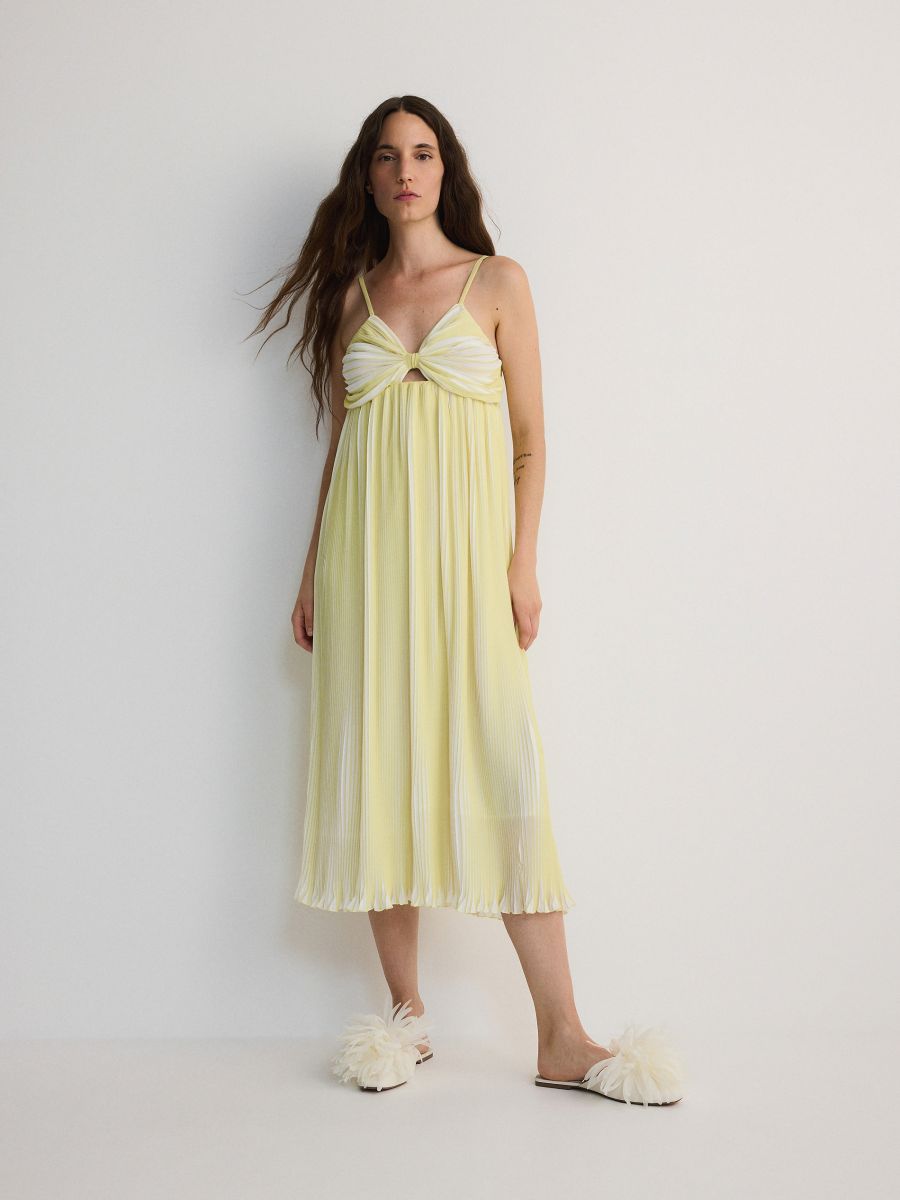 Pleated midi dress with knot - light yellow - RESERVED - 6