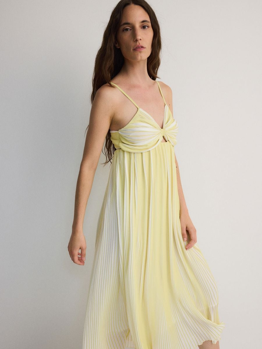 Pleated midi dress with knot - light yellow - RESERVED - 2