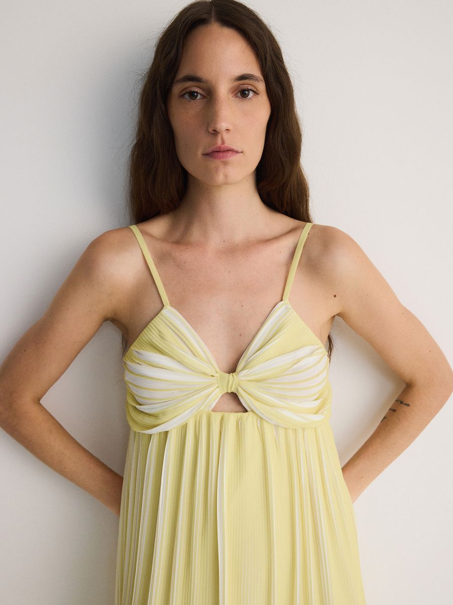 Pleated midi dress with knot - light yellow - RESERVED - 3