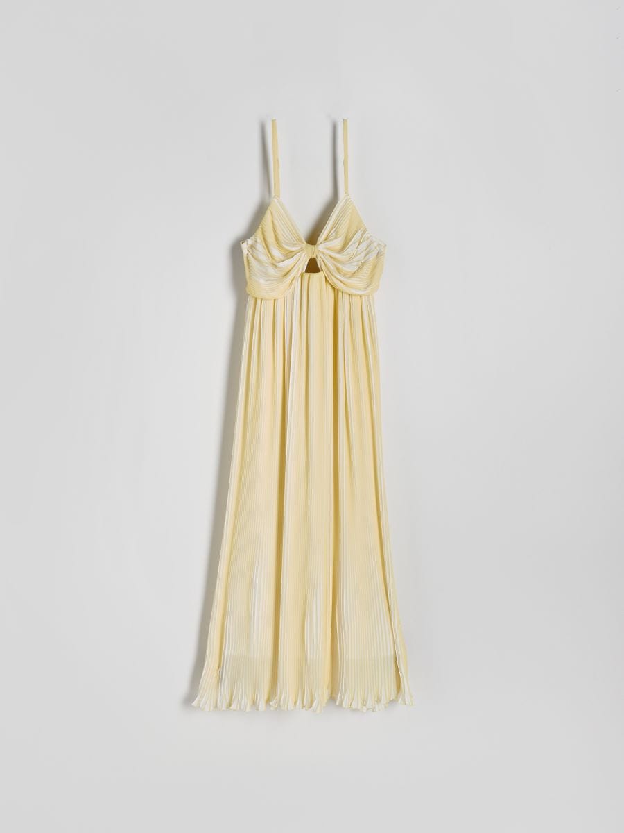 Pleated midi dress with knot - light yellow - RESERVED - 2