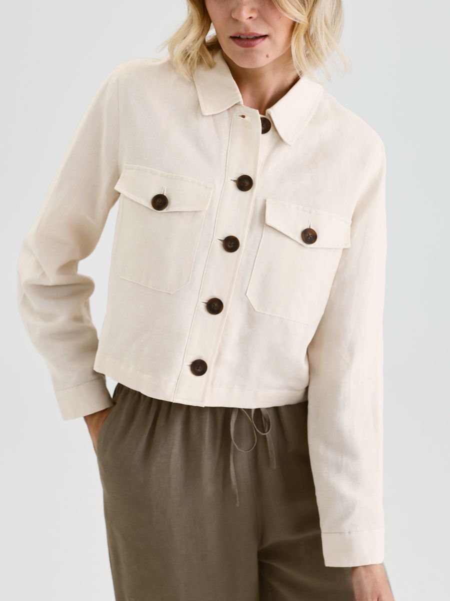 Linen rich cropped jacket - beige - RESERVED