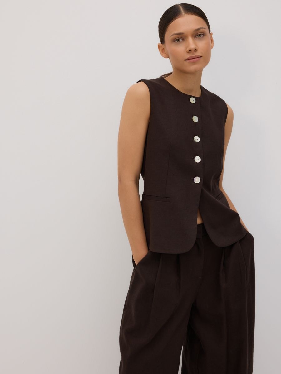 Linen blend tailored vest - dark brown - RESERVED - 4