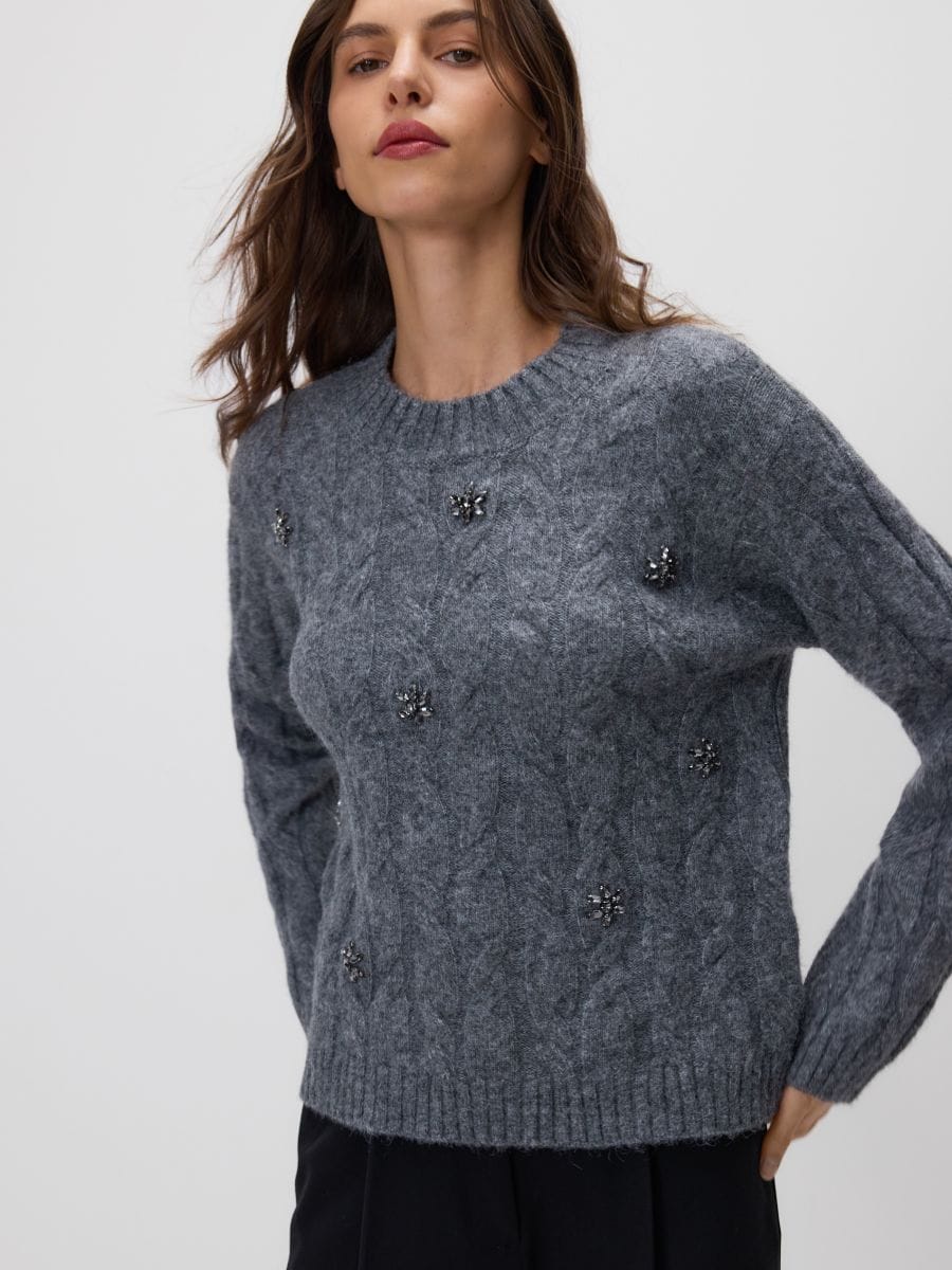 Pulover cu aplicație strălucitoare - gri-neutru - RESERVED