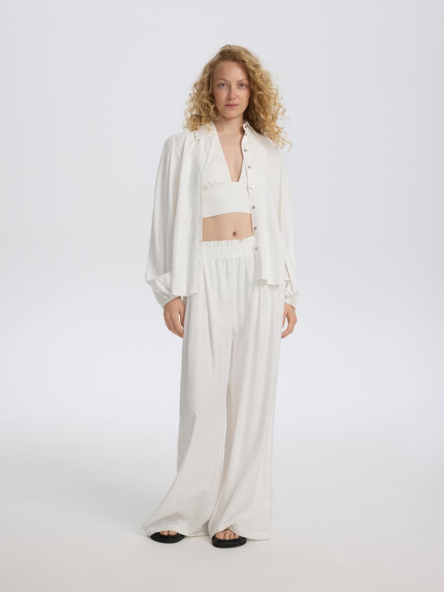 Linen rich wide leg trousers - cream - RESERVED