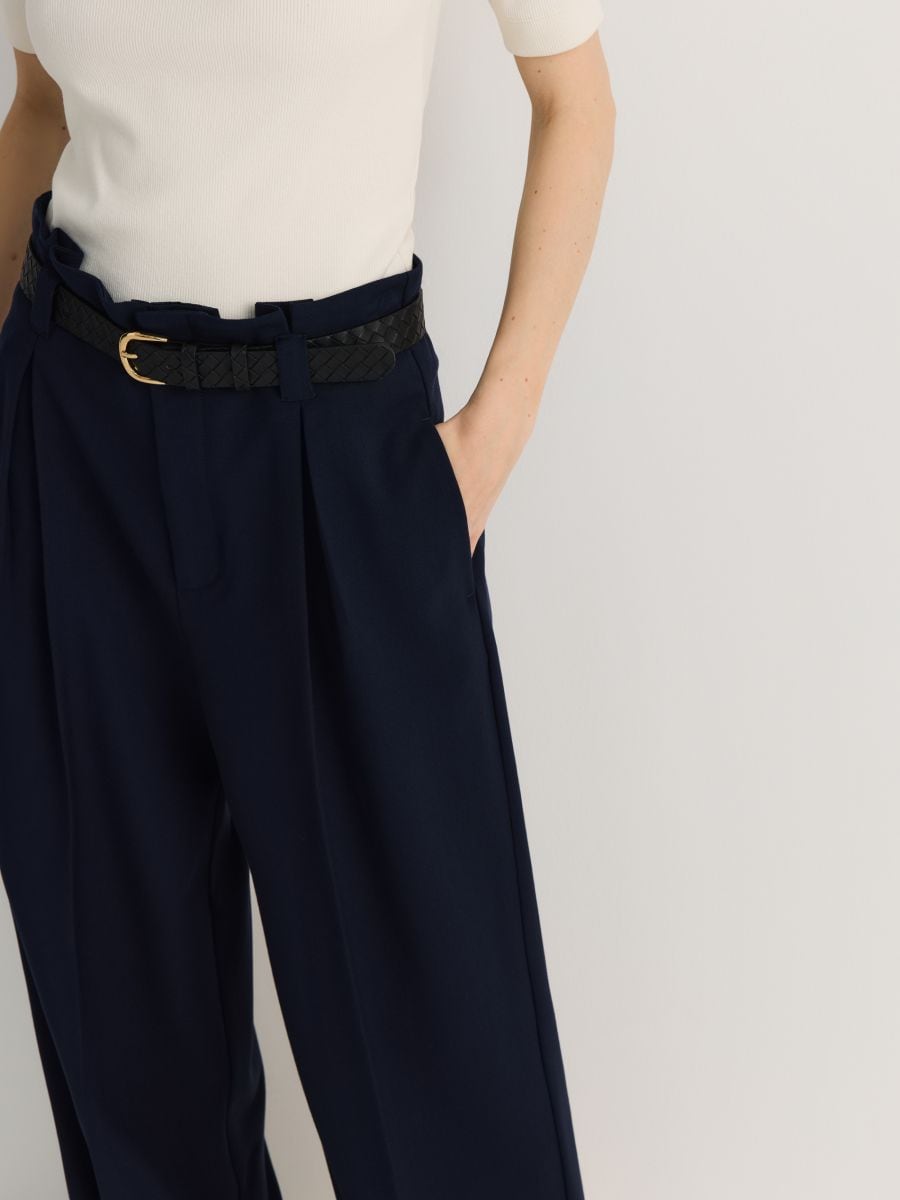 【HI FI FNK】Mode Belted Wide Trousers Woven Belted Wide Leg Trousers For Work