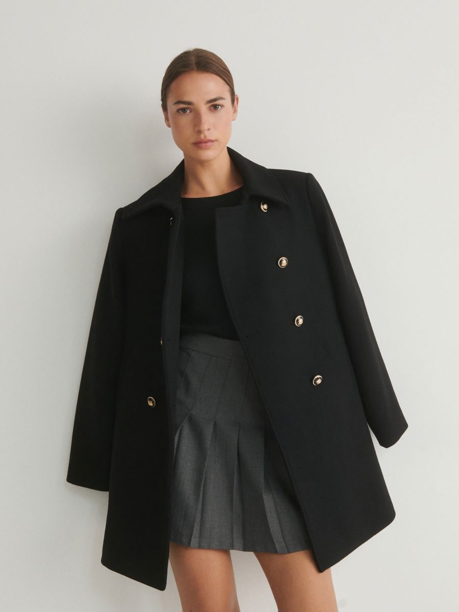 Kabát s ozdobnými knoflíky - černý - RESERVED