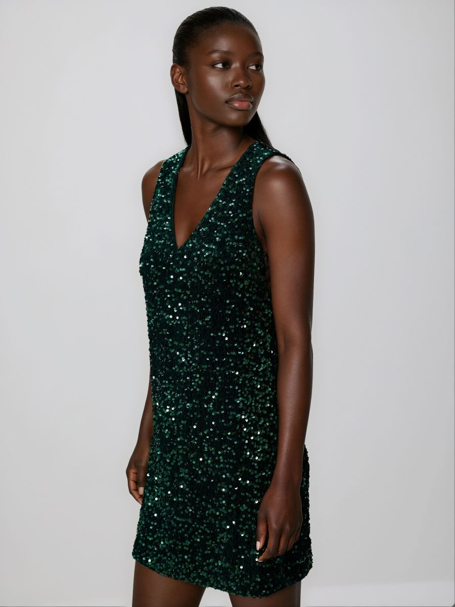 Mini obleka z bleščicami - temno zelena - RESERVED