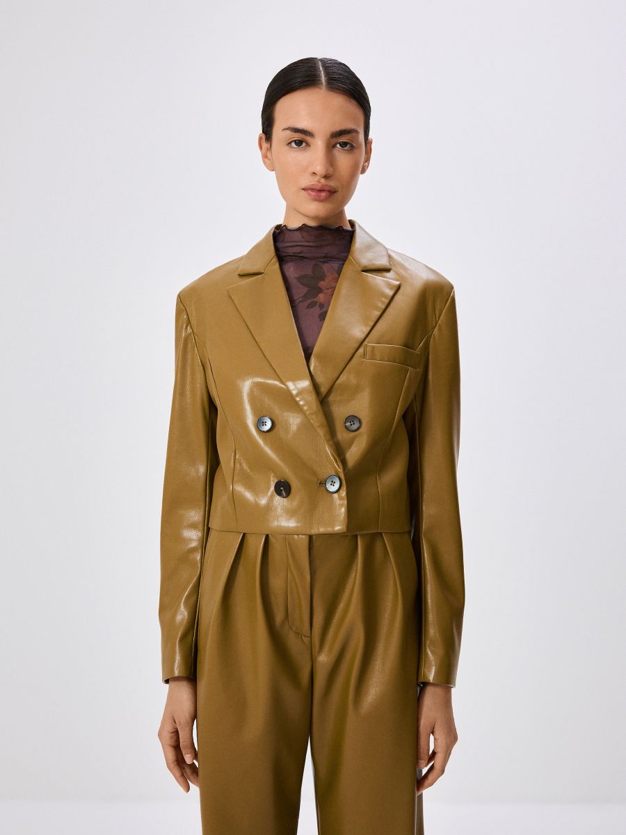 Double breasted faux leather blazer online